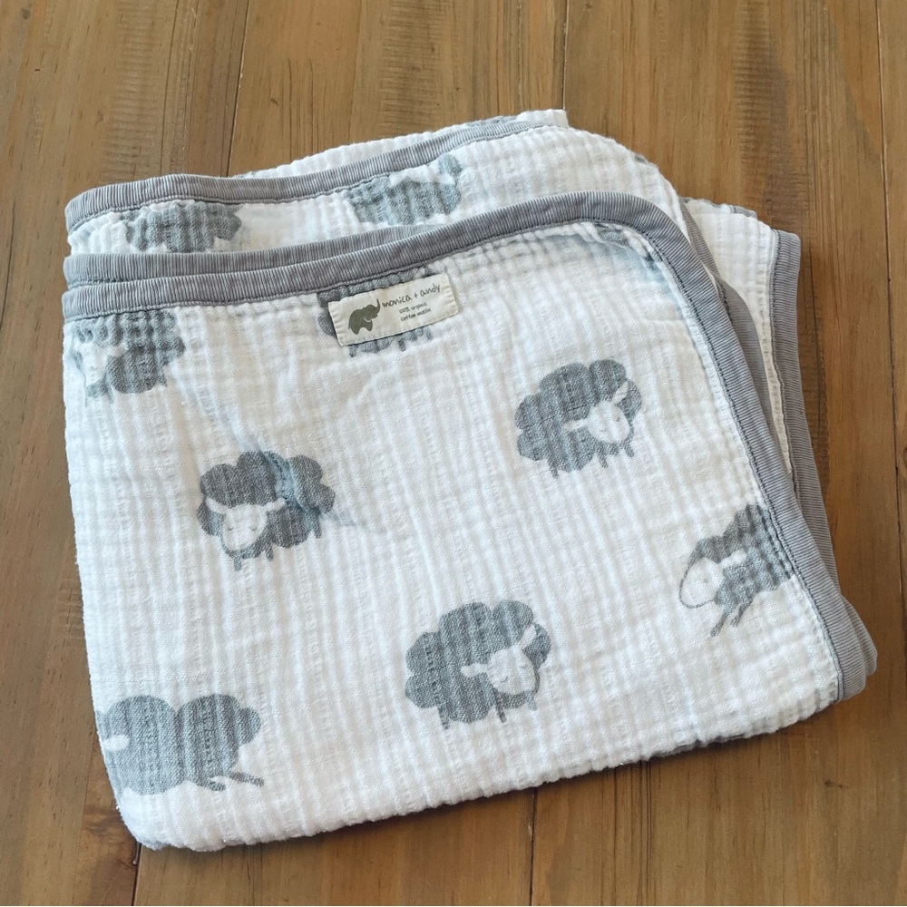 Monica & Andy Blanket Muslin Sheep Lamb White Gray 36.5” x 42” Baby